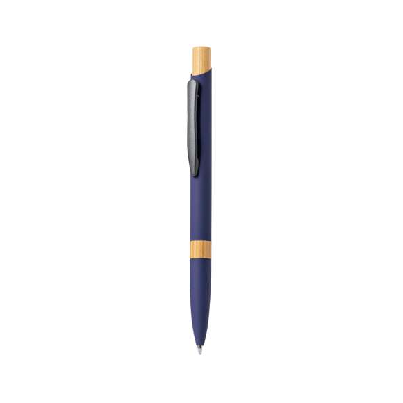 Elegante bolígrafo de aluminio con mecanismo pulsador. Cuerpo en resistente aluminio de acabado goma mate y con detalles en bambú, con caña en una amplia gama de distintivos colores. Clip metálico, de carga jumbo y en tinta azul. Presentado en bolsa individual reciclada.Materiales como el bambú fomentan la utilización de materias primas naturales, reduciendo las emisiones contaminantes. Proviene de una planta de gran resistencia y versatilidad, con crecimiento y regeneración rápidos, siendo una excelente alternativa al uso de madera tradicional.