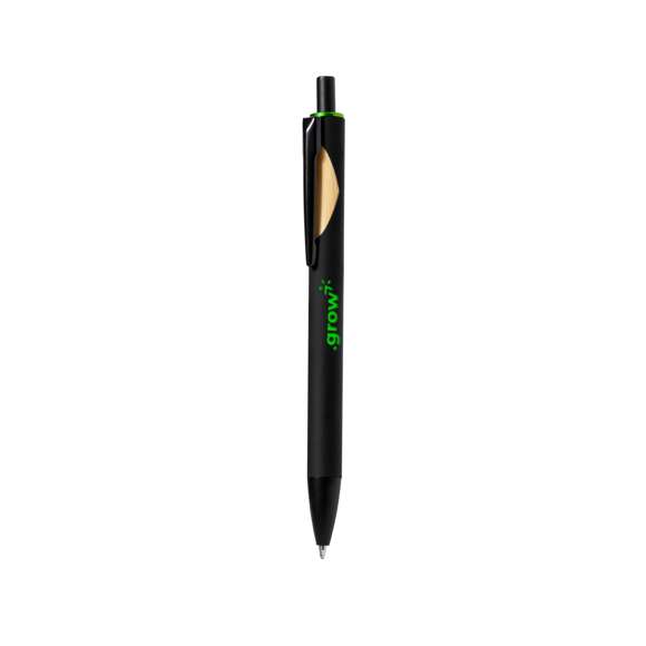 Bolígrafo de mecanismo pulsador con cuerpo de acabado sólido en color negro y detalle superior en variada gama de colores. Clip metálico en color negro con detalle en bambú. Especialmente diseñado para marcaje en láser y con un recubrimiento exterior especial para que tu publicidad quede perfectamente grabada y a juego. En tinta azul. Presentado en bolsa individual reciclada.Materiales como el bambú fomentan la utilización de materias primas naturales, reduciendo las emisiones contaminantes. Proviene de una planta de gran resistencia y versatilidad, con crecimiento y regeneración rápidos, siendo una excelente alternativa al uso de madera tradicional.