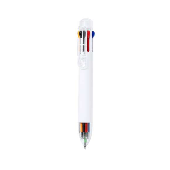 Bolígrafo con 8 variados colores de escritura en ABS. Este instrumento de escritura ofrece una variada paleta de colores en un solo bolígrafo, con una selección de 8 colores diferentes adaptándose a cualquier tarea. Su diseño ergonómico y funcionalidad hace que se pueda seleccionar fácilmente cada opción con sus pulsadores en la parte superior. Ideado con la caña de color blanco y accesorios y clip de color transparente.