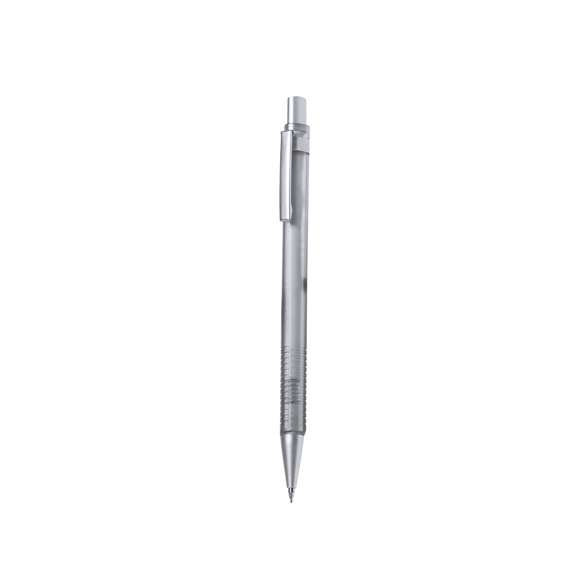 Elegante portaminas hecho en resistente ABS. Cuerpo en color gris translúcido y empuñadura a juego de tacto rugoso para un mejor agarre, con elementos cromados como botón, clip y punta. Con goma y minas incluidas de 0,7 mm.