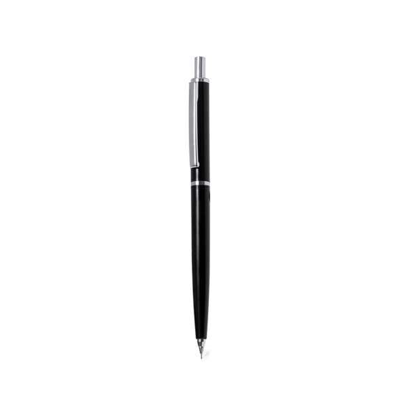 Elegante portaminas hecho en resistente ABS. Cuerpo en color negro y empuñadura a juego de tacto liso, con elementos cromados como botón, clip, punta y anilla central.Con goma y minas incluidas de 0,7 mm.