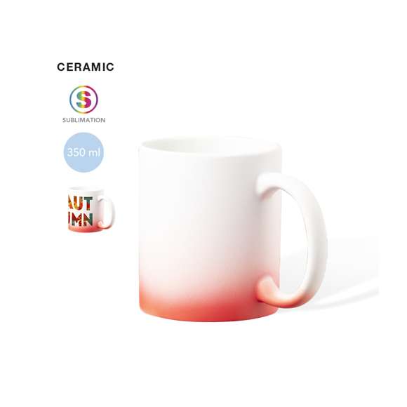 Taza de cerámica con 350 ml de capacidad y acabado mate. Especialmente diseñada para marcaje en sublimación. Disponible en diversos y llamativos colores degradados a blanco. Presentada en caja individual kraft.