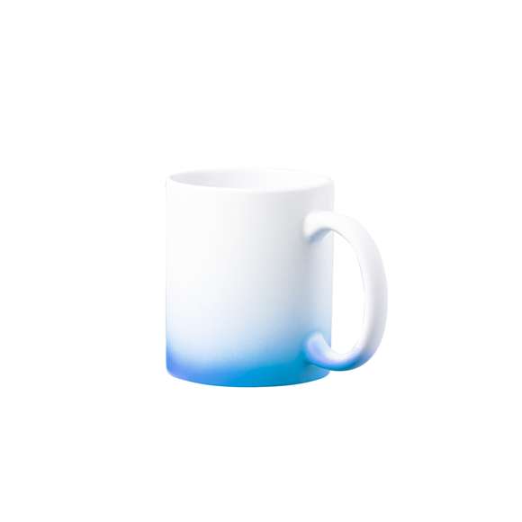 Taza de cerámica con 350 ml de capacidad y acabado mate. Especialmente diseñada para marcaje en sublimación. Disponible en diversos y llamativos colores degradados a blanco. Presentada en caja individual kraft.