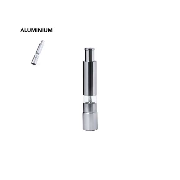Molinillo manual para sal y pimienta fabricado en aluminio. Ideal para agregar la especia más deseada y utilizar con el picador manual en forma de pulsador. Cuenta con una ventana para visualizar el nivel. Presentado en caja de diseño kraft.
