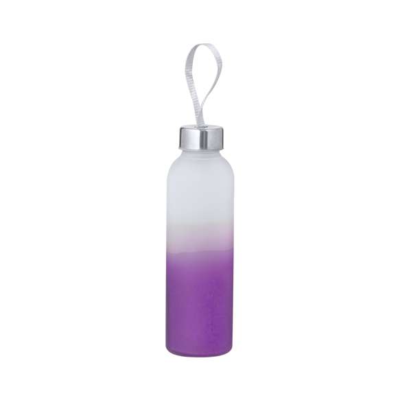 Bidón de cristal y acero inox con 500 ml de capacidad. Original diseño degradado de color blanco translúcido a diversos colores mate. Tapón de rosca con sellado perfecto con correa para su fácil transporte. Presentado individualmente en caja de diseño kraft.