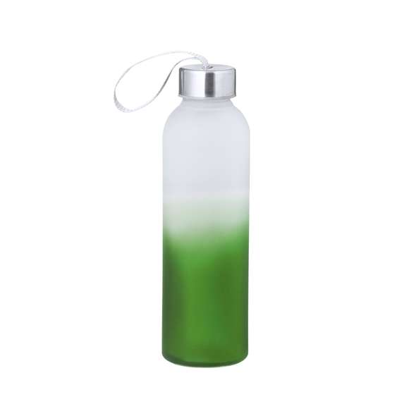 Bidón de cristal y acero inox con 500 ml de capacidad. Original diseño degradado de color blanco translúcido a diversos colores mate. Tapón de rosca con sellado perfecto con correa para su fácil transporte. Presentado individualmente en caja de diseño kraft.
