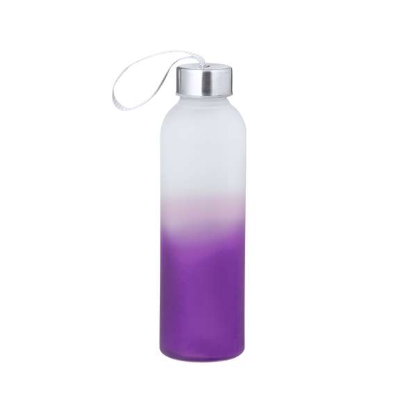 Bidón de cristal y acero inox con 500 ml de capacidad. Original diseño degradado de color blanco translúcido a diversos colores mate. Tapón de rosca con sellado perfecto con correa para su fácil transporte. Presentado individualmente en caja de diseño kraft.