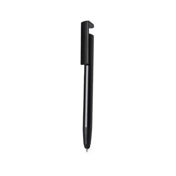 Bolígrafo puntero de mecanismo pulsador, fabricado en resistente aluminio. Con soporte para dispositivo móvil integrado en clip y suave cuerpo en variada gama de colores metalizados. En tinta azul y presentado individualmente en bolsa reciclada.