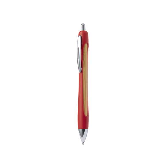 Elegante bolígrafo pulsador de RABS y bambú. Con un diseño logotipo que incorpora la combinación de bambú y RABS en una variedad de colores vibrantes a lo largo de la caña. De mecanismo pulsador y tinta azul con botón, clip y punta cromados. Presentado individualmente en bolsa reciclada. El RABS es un plástico altamente reciclable de gran resistencia y con multitud de aplicaciones que lo convierten en una solución eco-friendly. Con certificación RCS, que garantiza el origen reciclado del mismo y con logo RABS grabado.