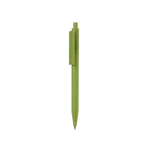 Práctico bolígrafo fabricado en caña de trigo y ABS. De mecanismo pulsador, en tinta azul y con logotipo Wheat Straw en la parte superior del bolígrafo. Disponible en variada gama de colores. La caña de trigo fomenta la utilización de materias primas naturales, reduciendo así las emisiones contaminantes.