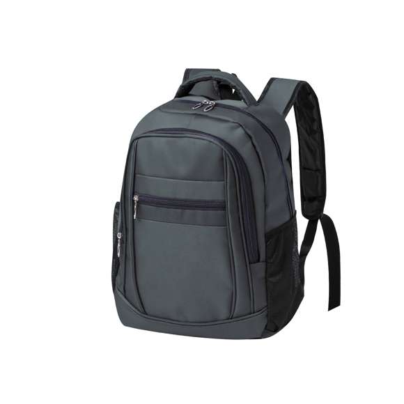 Mochila confeccionada en resistente 600D Nylon. Cuenta con un bolsillo principal con cierre de cremallera, y doble tirador. Interior con bolsillos acolchados destinados a tablet de hasta 10 pulgadas y portátil de hasta 15 pulgadas. Además, lleva dos bolsillos frontales adicionales. Tanto la espalda como las cintas de hombros son acolchadas y ajustables, fabricadas con un tejido transpirable. Presenta una cómoda cinta superior acolchada y bolsillos laterales de rejilla. Disponible en elegantes colores, con complementos en negro. Presentado en una bolsa individual.