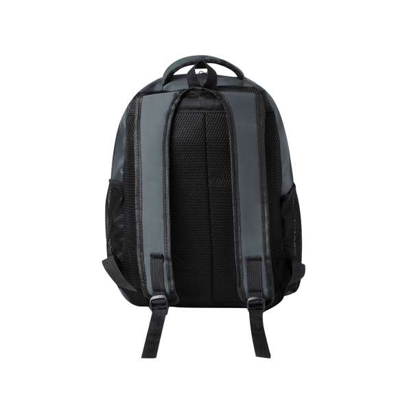 Mochila confeccionada en resistente 600D Nylon. Cuenta con un bolsillo principal con cierre de cremallera, y doble tirador. Interior con bolsillos acolchados destinados a tablet de hasta 10 pulgadas y portátil de hasta 15 pulgadas. Además, lleva dos bolsillos frontales adicionales. Tanto la espalda como las cintas de hombros son acolchadas y ajustables, fabricadas con un tejido transpirable. Presenta una cómoda cinta superior acolchada y bolsillos laterales de rejilla. Disponible en elegantes colores, con complementos en negro. Presentado en una bolsa individual.