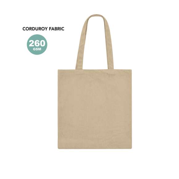 Bolsa confeccionada en resistente poliéster de 260g/m2, ofrece un acabado cosido con un tacto de pana y asas largas reforzadas de 60 cm. Disponible en una variada gama de colores, esta bolsa presenta una resistencia que la hace capaz de soportar hasta 9 kg de peso.