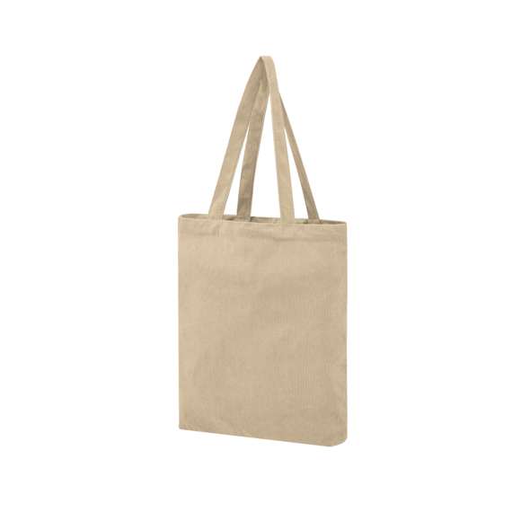 Bolsa confeccionada en resistente poliéster de 260g/m2, ofrece un acabado cosido con un tacto de pana y asas largas reforzadas de 60 cm. Disponible en una variada gama de colores, esta bolsa presenta una resistencia que la hace capaz de soportar hasta 9 kg de peso.