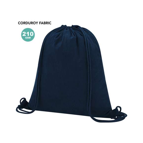 Mochila de cuerdas fabricada en resistente pana de poliéster. De acabado cosido, con cuerdas a juego y refuerzos laterales. Disponible en variada gama de colores.