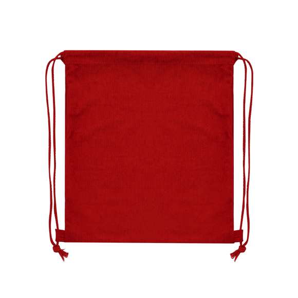 Mochila de cuerdas fabricada en resistente pana de poliéster. De acabado cosido, con cuerdas a juego y refuerzos laterales. Disponible en variada gama de colores.