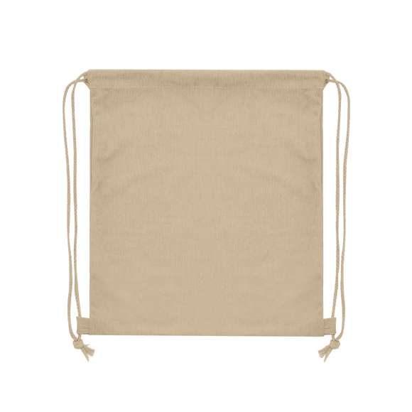 Mochila de cuerdas fabricada en resistente pana de poliéster. De acabado cosido, con cuerdas a juego y refuerzos laterales. Disponible en variada gama de colores.