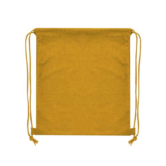 Mochila de cuerdas fabricada en resistente pana de poliéster. De acabado cosido, con cuerdas a juego y refuerzos laterales. Disponible en variada gama de colores.
