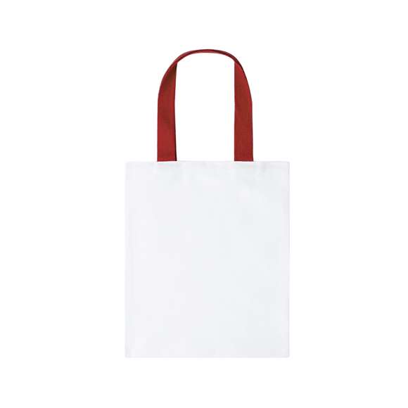 Bolsa de canvas de 230g/m2. En color blanco, con resistente acabado cosido y asas reforzadas en diferentes colores de 60cm de largo.
