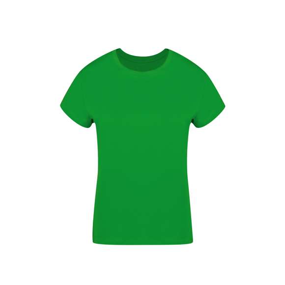 Camiseta de mujer. Confeccionada en 100% algodón peinado Ring Spun y estilo Single Jersey de 160g/m2. Tacto suave y corte moderno, con cosido lateral. Cuello redondo estrecho en canalé 2x2. Doble costura en dobladillo y mangas, para una mayor durabilidad y resistencia al uso intensivo. Disponible en amplia gama de colores de moda y en tallas S, M, L, XL y XXL.