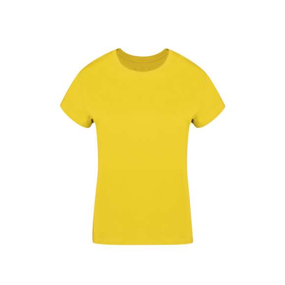 Camiseta de mujer. Confeccionada en 100% algodón peinado Ring Spun y estilo Single Jersey de 160g/m2. Tacto suave y corte moderno, con cosido lateral. Cuello redondo estrecho en canalé 2x2. Doble costura en dobladillo y mangas, para una mayor durabilidad y resistencia al uso intensivo. Disponible en amplia gama de colores de moda y en tallas S, M, L, XL y XXL.