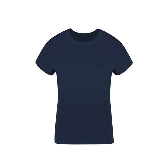 Camiseta de mujer. Confeccionada en 100% algodón peinado Ring Spun y estilo Single Jersey de 160g/m2. Tacto suave y corte moderno, con cosido lateral. Cuello redondo estrecho en canalé 2x2. Doble costura en dobladillo y mangas, para una mayor durabilidad y resistencia al uso intensivo. Disponible en amplia gama de colores de moda y en tallas S, M, L, XL y XXL.