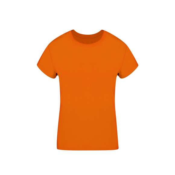 Camiseta de mujer. Confeccionada en 100% algodón peinado Ring Spun y estilo Single Jersey de 160g/m2. Tacto suave y corte moderno, con cosido lateral. Cuello redondo estrecho en canalé 2x2. Doble costura en dobladillo y mangas, para una mayor durabilidad y resistencia al uso intensivo. Disponible en amplia gama de colores de moda y en tallas S, M, L, XL y XXL.
