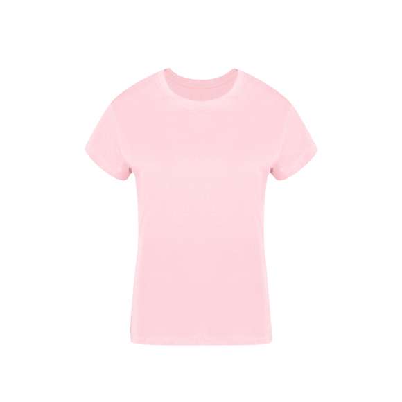 Camiseta de mujer. Confeccionada en 100% algodón peinado Ring Spun y estilo Single Jersey de 160g/m2. Tacto suave y corte moderno, con cosido lateral. Cuello redondo estrecho en canalé 2x2. Doble costura en dobladillo y mangas, para una mayor durabilidad y resistencia al uso intensivo. Disponible en amplia gama de colores de moda y en tallas S, M, L, XL y XXL.