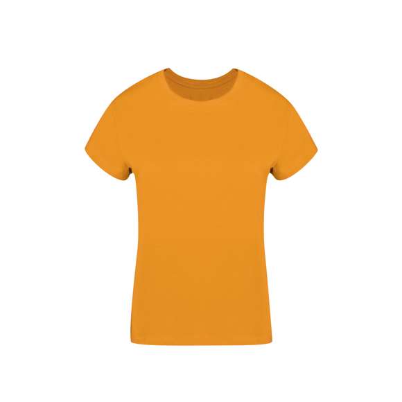 Camiseta de mujer. Confeccionada en 100% algodón peinado Ring Spun y estilo Single Jersey de 160g/m2. Tacto suave y corte moderno, con cosido lateral. Cuello redondo estrecho en canalé 2x2. Doble costura en dobladillo y mangas, para una mayor durabilidad y resistencia al uso intensivo. Disponible en amplia gama de colores de moda y en tallas S, M, L, XL y XXL.