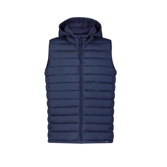 Chaleco unisex en cálido y suave material 100% RPET, con capucha ajustable mediante cintas elásticas. En material extra ligero efecto pluma, resistente al agua y cortavientos. Con acolchado interior, cremallera en cuello con tapeta y cinta en tirador, además de amplios bolsillos laterales con cremallera. Incluye práctica funda de transporte con cordón ajustable y etiqueta con logotipo RPET. Disponible en variada gama de colores y en tallas XS, S, M, L, XL, XXL.El material RPET se elabora a partir de plástico reciclado, para así fomentar la reutilización de residuos plásticos y ayudar a la sostenibilidad del planeta.