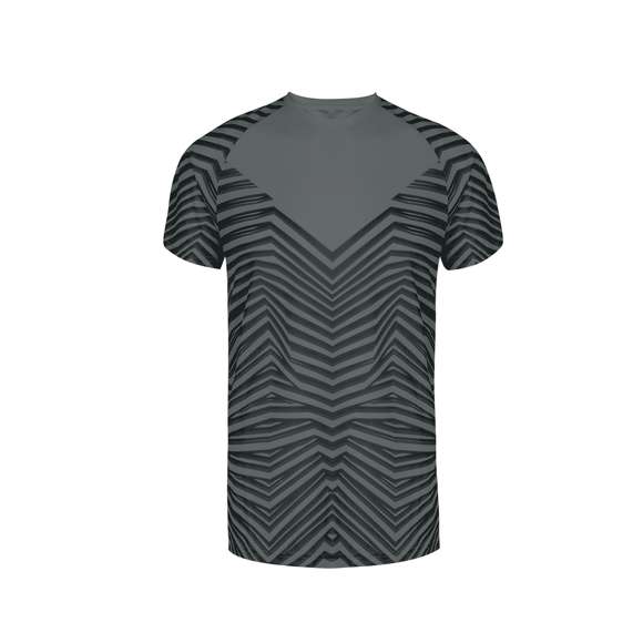 Camiseta técnica para adulto en poliéster de 135g/m2, transpirable y de suave tacto. Con innovador estampado a rayas y una zona lisa en el pecho para personalización. Con manga ranglán y cuello redondo. Disponible en variada gama de colores y en tallas XS, S, M, L, XL, XXL.