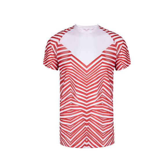 Camiseta técnica para adulto en poliéster de 135g/m2, transpirable y de suave tacto. Con innovador estampado a rayas y una zona lisa en el pecho para personalización. Con manga ranglán y cuello redondo. Disponible en variada gama de colores y en tallas XS, S, M, L, XL, XXL.