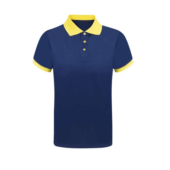 Polo técnico en material 100% poliéster piqué de 180g/m2. Fabricado en cómodo y suave tejido transpirable, con aperturas laterales en los bajos. De original diseño en color azul marino, con cuello y detalles de mangas en tono de contraste y a juego. Con 3 elegantes botones de cierre, a juego con el cuello y los detalles de las mangas. Disponible en varios colores y en tallas XS, S, M, L, XL, XXL.