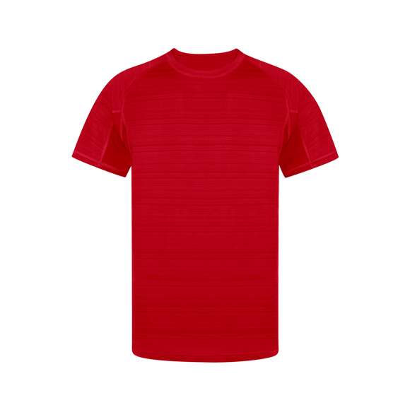 Camiseta técnica unisex con original diseño a rayas, en combinación con tejido transpirable microperforado en axilas y laterales. Confeccionada en suave material 100% poliéster de 135g/m2, siendo una camiseta muy cómoda, ligera y transpirable; ideal para la práctica de deporte y también como prenda de uso diario. De corte moderno, manga ranglán y cuello redondo, con doble costura en dobladillo y mangas de doble tejido para una mayor durabilidad y resistencia al uso intensivo. Disponible en tallas XS, S, M, L, XL y XXL.