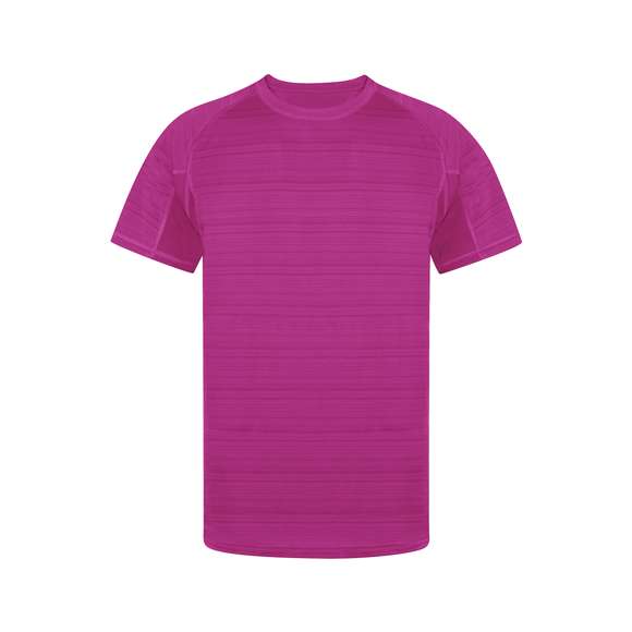 Camiseta técnica unisex con original diseño a rayas, en combinación con tejido transpirable microperforado en axilas y laterales. Confeccionada en suave material 100% poliéster de 135g/m2, siendo una camiseta muy cómoda, ligera y transpirable; ideal para la práctica de deporte y también como prenda de uso diario. De corte moderno, manga ranglán y cuello redondo, con doble costura en dobladillo y mangas de doble tejido para una mayor durabilidad y resistencia al uso intensivo. Disponible en tallas XS, S, M, L, XL y XXL.