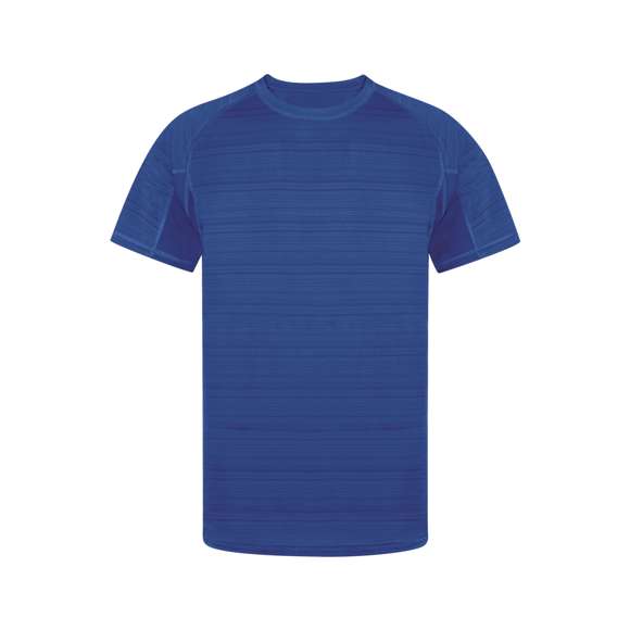 Camiseta técnica unisex con original diseño a rayas, en combinación con tejido transpirable microperforado en axilas y laterales. Confeccionada en suave material 100% poliéster de 135g/m2, siendo una camiseta muy cómoda, ligera y transpirable; ideal para la práctica de deporte y también como prenda de uso diario. De corte moderno, manga ranglán y cuello redondo, con doble costura en dobladillo y mangas de doble tejido para una mayor durabilidad y resistencia al uso intensivo. Disponible en tallas XS, S, M, L, XL y XXL.