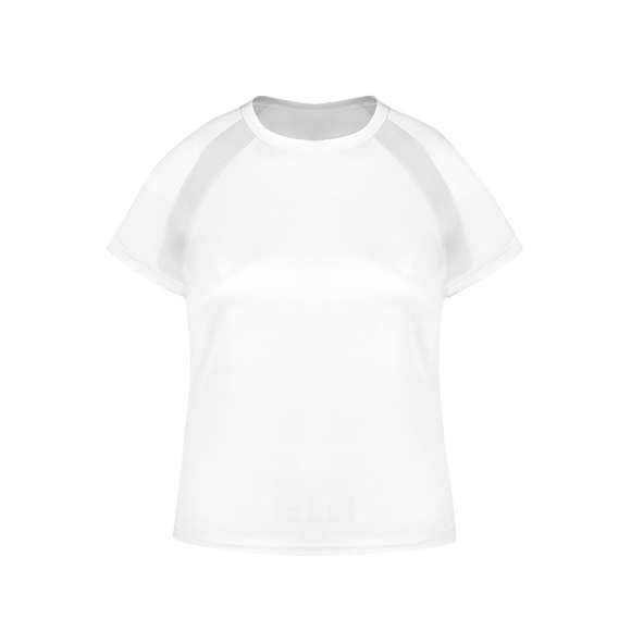 Camiseta técnica para mujer en material 100% poliéster transpirable de 135g/m2. Con manga ranglán, cuello redondo y con bandas frontales y laterales en tejido transpirable microperforado. Disponible en tallas S, M, L, XL.