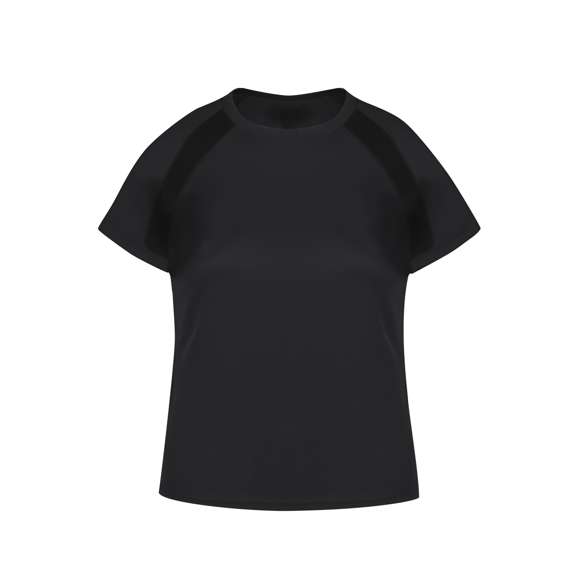 Camiseta técnica para mujer en material 100% poliéster transpirable de 135g/m2. Con manga ranglán, cuello redondo y con bandas frontales y laterales en tejido transpirable microperforado. Disponible en tallas S, M, L, XL.