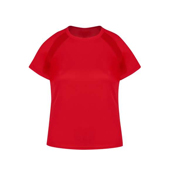 Camiseta técnica para mujer en material 100% poliéster transpirable de 135g/m2. Con manga ranglán, cuello redondo y con bandas frontales y laterales en tejido transpirable microperforado. Disponible en tallas S, M, L, XL.