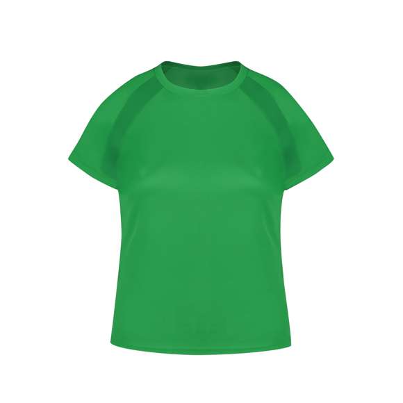 Camiseta técnica para mujer en material 100% poliéster transpirable de 135g/m2. Con manga ranglán, cuello redondo y con bandas frontales y laterales en tejido transpirable microperforado. Disponible en tallas S, M, L, XL.