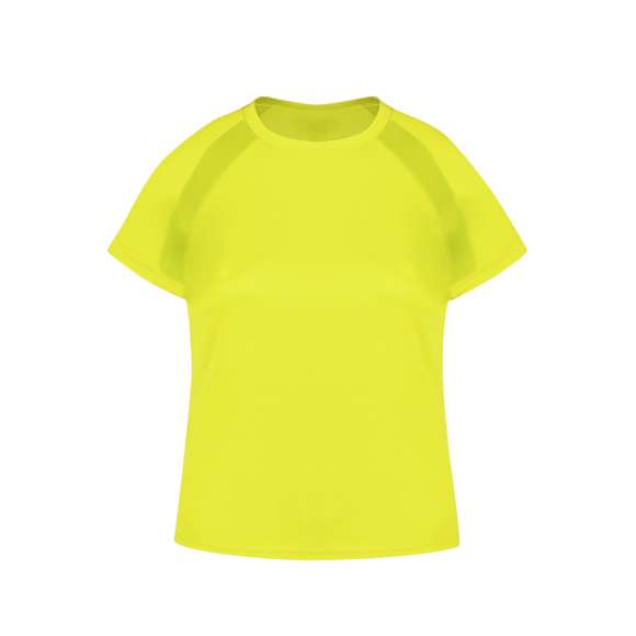 Camiseta técnica para mujer en material 100% poliéster transpirable de 135g/m2. Con manga ranglán, cuello redondo y con bandas frontales y laterales en tejido transpirable microperforado. Disponible en tallas S, M, L, XL.