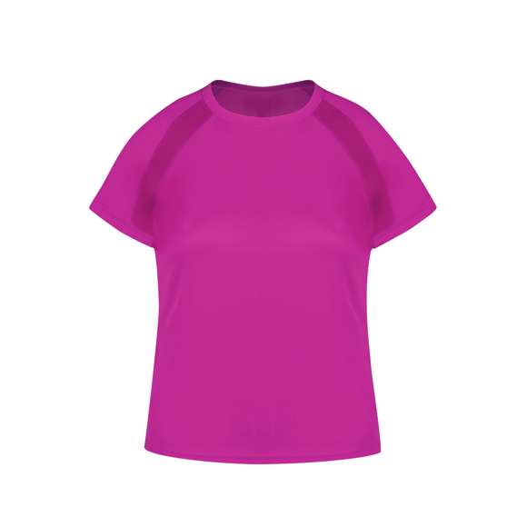Camiseta técnica para mujer en material 100% poliéster transpirable de 135g/m2. Con manga ranglán, cuello redondo y con bandas frontales y laterales en tejido transpirable microperforado. Disponible en tallas S, M, L, XL.