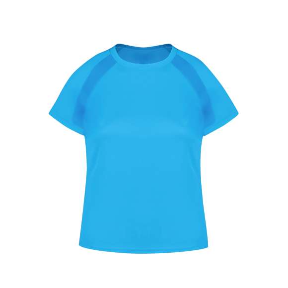 Camiseta técnica para mujer en material 100% poliéster transpirable de 135g/m2. Con manga ranglán, cuello redondo y con bandas frontales y laterales en tejido transpirable microperforado. Disponible en tallas S, M, L, XL.
