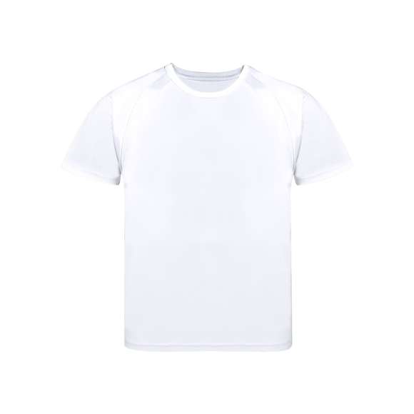 Camiseta técnica para niño en material 100% poliéster transpirable de 135g/m2. Con manga ranglán, cuello redondo y con bandas frontales y laterales en tejido transpirable microperforado. Disponible en tallas 4-5, 6-8, 10-12.