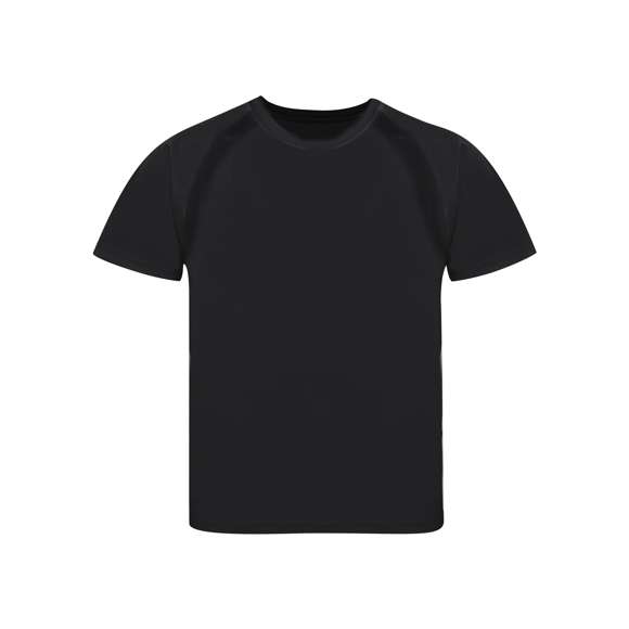 Camiseta técnica para niño en material 100% poliéster transpirable de 135g/m2. Con manga ranglán, cuello redondo y con bandas frontales y laterales en tejido transpirable microperforado. Disponible en tallas 4-5, 6-8, 10-12.
