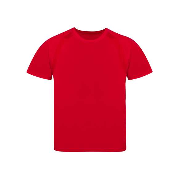 Camiseta técnica para niño en material 100% poliéster transpirable de 135g/m2. Con manga ranglán, cuello redondo y con bandas frontales y laterales en tejido transpirable microperforado. Disponible en tallas 4-5, 6-8, 10-12.