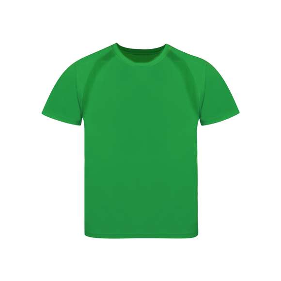 Camiseta técnica para niño en material 100% poliéster transpirable de 135g/m2. Con manga ranglán, cuello redondo y con bandas frontales y laterales en tejido transpirable microperforado. Disponible en tallas 4-5, 6-8, 10-12.
