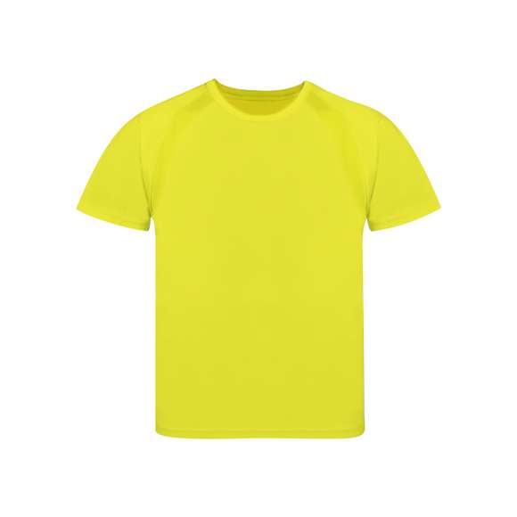 Camiseta técnica para niño en material 100% poliéster transpirable de 135g/m2. Con manga ranglán, cuello redondo y con bandas frontales y laterales en tejido transpirable microperforado. Disponible en tallas 4-5, 6-8, 10-12.