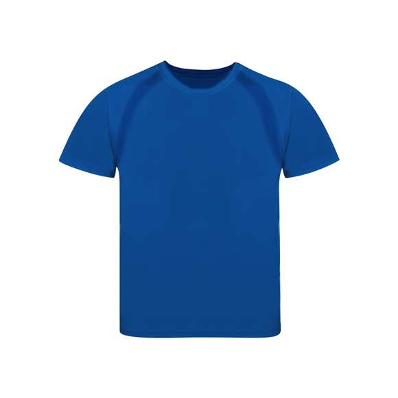 Camiseta técnica para niño en material 100% poliéster transpirable de 135g/m2. Con manga ranglán, cuello redondo y con bandas frontales y laterales en tejido transpirable microperforado. Disponible en tallas 4-5, 6-8, 10-12.