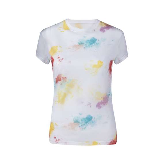 Camiseta para mujer en material 100% poliéster transpirable de 160g/m2 con textura de algodón. Con cuello redondo y atrevido diseño con estampados inspirado en una paleta de pinturas. Disponible en tallas S, M, L, XL.